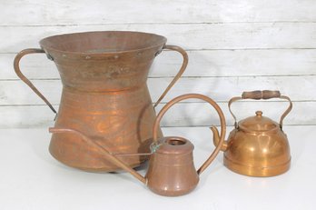 Vintage Copper Kitchenware Lot  Large Hammered Copper Jardiniere, Copper Watering Can & Lidded Tea Kettle