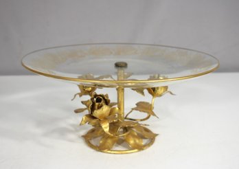 Vintage 11' Round Glass Cake Stand With Ornate Gilded Metal Rose Base  5' Tall