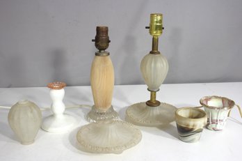Assorted Lot Of Vintage Glass Lamps, Shades & Accessories  Mixed Styles & Eras