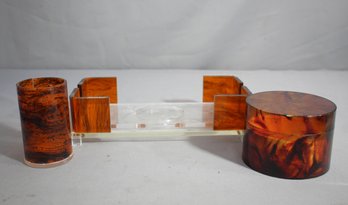 Vintage Lucite Desk Set In Tortoise Shell Design