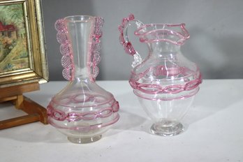 Antique Hand-Blown Clear And Pink Glass Pitcher & Vase Set - Victorian Era Decorative Glassware