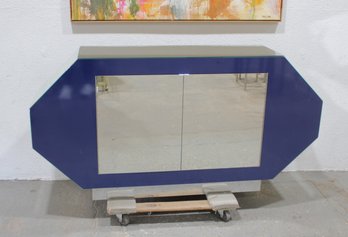 Modern Mirror Console Cabinet  Blue Lacquer  66 X 15 X 34.5 H  Storage  AS IS (Cracked Mirrors)