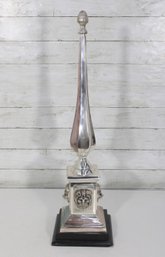 27.5' Decorative Lion Head White Metal Obelisk Sculpture On Black Base