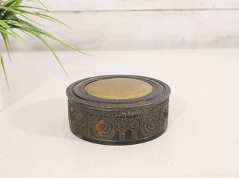 Vintage P.N.C.W. USA Ornate Round Metal Trinket Box With Glass Insert & Lid – 4.5"