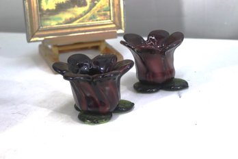 Pair Of Vintage Amethyst And Green Glass Flower Votive Candle Holders