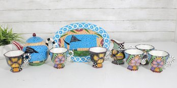 Droll Designs Ceramic Serving Tray W/ Dog Motif  Prospero Studio Designworks  Colorful Oval Platter