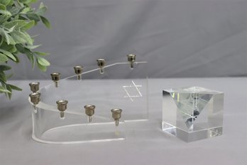 Modernist Brass And Lucite Hanukkah Menorah And Star Of David Cube
