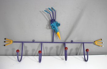 Whimsical Bird Wall Hook Rack  36' Wide Hand-Painted Metal Art  5 Hooks