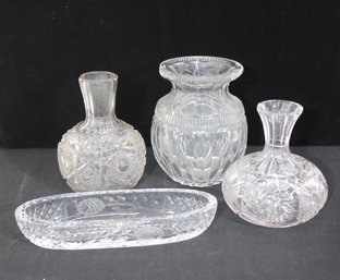 Set Of 4 Cut Glass Crystal Pieces  Vases & Relish Dish  Vintage Decorative Lot