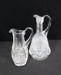 Pair Of Vintage Cut Crystal Pitchers  10.5' & 8' Etched Floral And Starburst Design