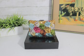 Decorative Sequin Evening Clutch W/ Chain Strap  Multicolor Floral Design