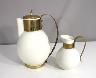 Vintage 1960s White Porcelain & Brass Coffee Carafe And Creamer Set  Mid-Century Modern