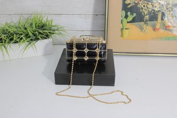 Vintage Black & Gold Box Clutch  Hard Case Evening Bag W/ Chain Strap