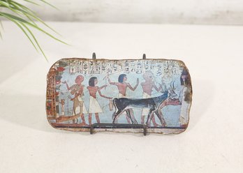 Egyptian Revival Hand-Painted Hieroglyphic Plaque With Ancient Egyptian Figures & Oxen – 6" X 3"