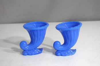 Pair Of Vintage Blue Glass Cornucopia Vases  3.5 H  Elegant & Collectible