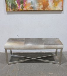 DecMode Handmade Cowhide Leather Bench  Gray  Silver Metal X-Base  48 X 20 X 16