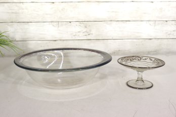 Pair Of Vintage Glass Bowls  11.5' Iridescent Mixing Bowl & 5.5' Silver Rimmed Compote