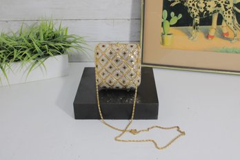 Vintage Beaded Evening Clutch Purse  Gold & Ivory Geometric Design, Chain Strap  Made In Hong Kong