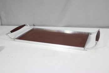 Vintage Mid-Century Modern Serving Tray  Metal Frame With Woodgrain Surface & Handles-25' X 11.5'