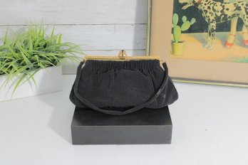 Vintage Black Evening Clutch Purse  Gold Frame & Kiss-Lock, Made In France  Elegant Formal Handbag