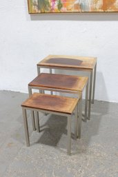 Vintage 3-Piece Nesting Tables  Wood Tops W/ Metal Frames  24.5 X 24 X 16  Mid Century Style