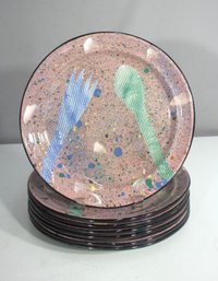 Set Of 7 Vintage 1980s Claudia Reese 11' Dinner Plates  New Wave Memphis Cutlery Design