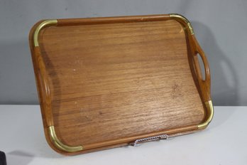 Vintage Dolphin Genuine Teakwood Serving Tray  Brass Accents & Cutout Handles-16'x 11.5'