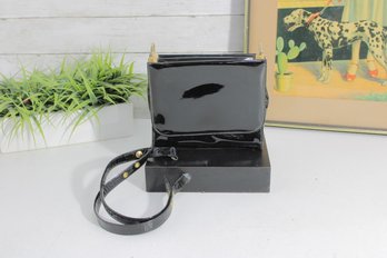 Vintage Black Patent Leather Wallet Clutch Purse  Gold Hardware  Strap Needs Repair