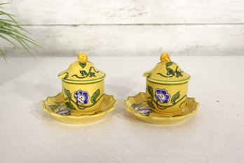 Pair Of French Hand-Painted Covered Pots With Saucers  Yellow Floral Design, 3.5'H X 4' Round
