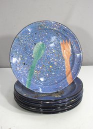 Set Of 7 Blue Vintage 1980s Claudia Reese 11' Dinner Plates  Memphis Design Cutlery Pattern