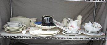 Assorted Shelf Lot Of Tableware - Plates, Bowls, Cups, And More