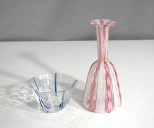 Murano Art Glass Pair  6 Pink Latticino Vase & 2 Blue Ribbon Bowl