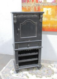 Vintage Black Painted Cabinet Stand With Drawer And Bottle Rack, 57'