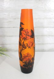 Signed Gall Style Cameo Glass Vase  Orange Floral  17' Tall Art Nouveau