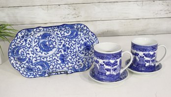 Blue & White Porcelain Tea Set  2 Cups With Saucers & Matching Serving Tray