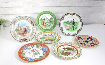 Vintage Decorative Porcelain Plates Lot Of 7  Scenic & Figural Designs  Mixed Makers