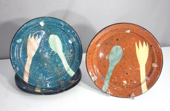 Set Of 4 Vintage 1980s Claudia Reese 11' Dinner Plates  Memphis Design Cutlery Pattern (Green & Orange)