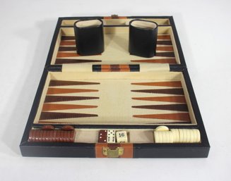 Vintage Leatherette Travel Backgammon Set  Complete With Dice & Chips