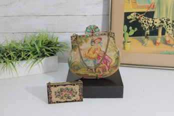 Vintage Micro Beaded Purse With Jeweled Frame & Matching Compact  Romantic Scene Design