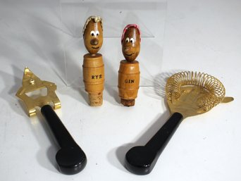 Vintage Bar Accessory Set - Bottle Stoppers, Strainer, And Opener