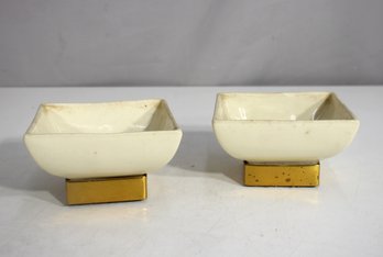 Pair Of Vintage Square Ceramic Bowls With Brass Bases  2.5 H X 4.5 X 4.5
