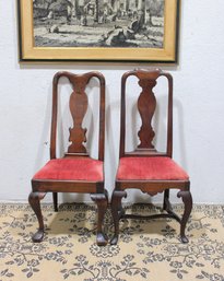 Pair Of Antique Queen Anne Style Walnut Dining Chairs W/ Red Upholstered Seats