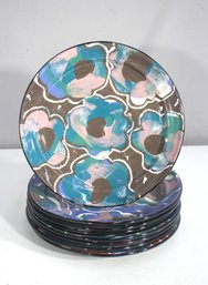 Set Of 8 Vintage 1980s Claudia Reese 11' Dinner Plates  Bold Floral Memphis Design  Two With Cracks