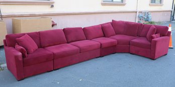 Large Burgundy Red Upholstered Modular Sectional Sofa With Corner Seating & Accent Pillows