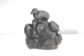 Signed Inuit Stone Carving  Faces & Bird Sculpture
