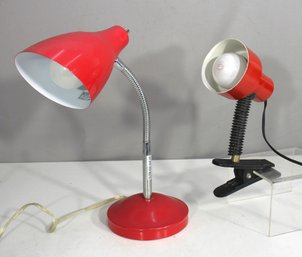 Pair Of Vintage Red Desk Lamps  Clip-On & Gooseneck  Both Working!
