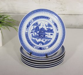 Set Of 6 Blue & White Porcelain Plates  7' Round, Traditional Asian Landscape Design