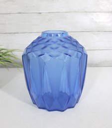 Vintage Blue Faceted Glass Vase  Geometric Art Glass  8.5' Tall