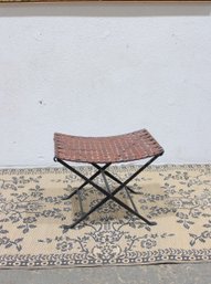 Vintage Leather Strap Folding Stool  Wrought Iron Frame  Brown Top Grain Seat 21'