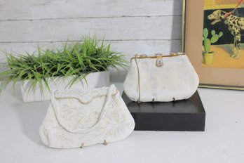 Vintage White Beaded Evening Purse  Elegant Floral Design With Handle